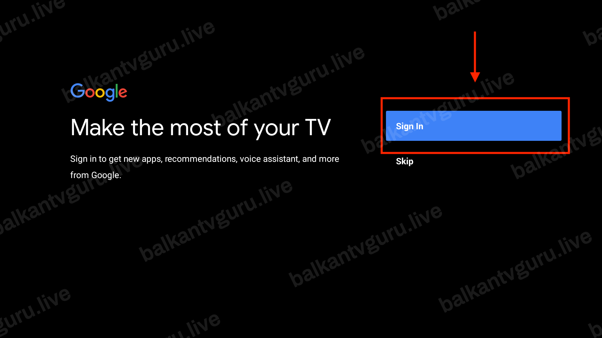 Google ekran za prijavu sa dugmadima Sign In i Skip.