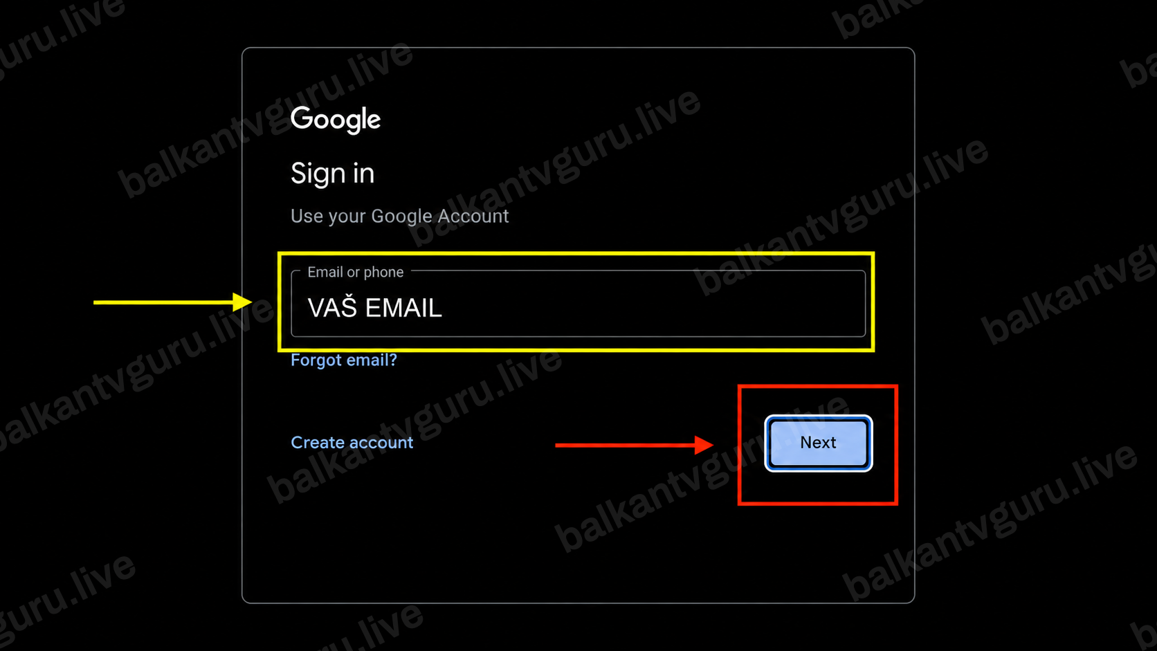 Polje za unos e-mail adrese na Google ekranu za prijavu.