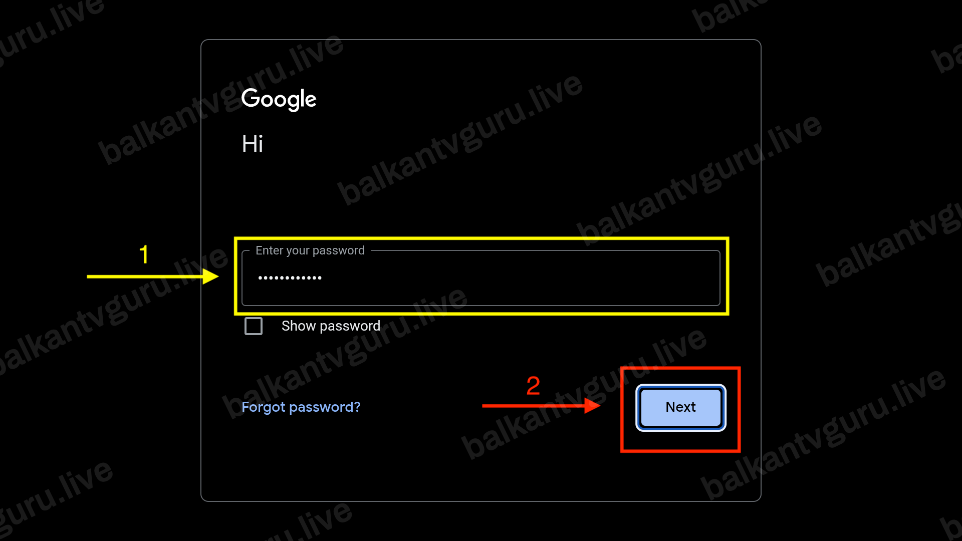 Polje za unos lozinke na Google ekranu za prijavu.
