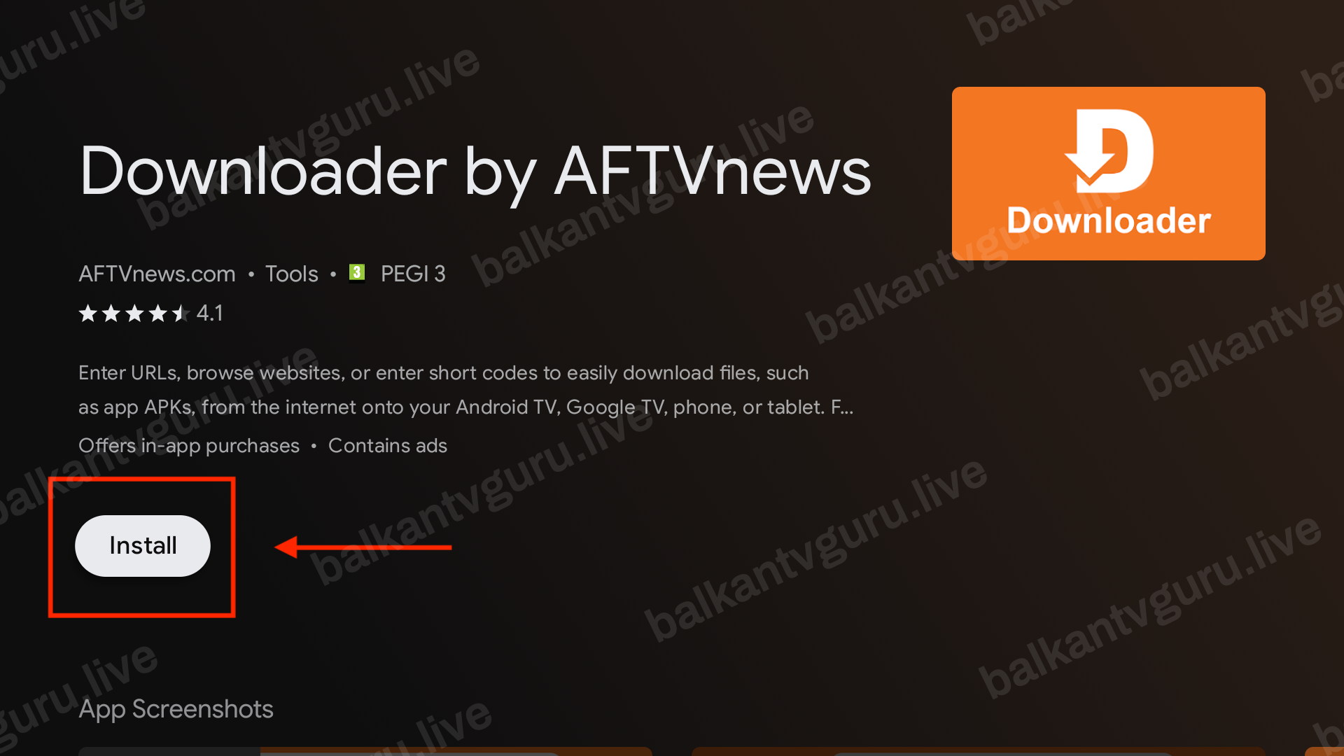 Stranica aplikacije Downloader u prodavnici sa dugmetom Install.