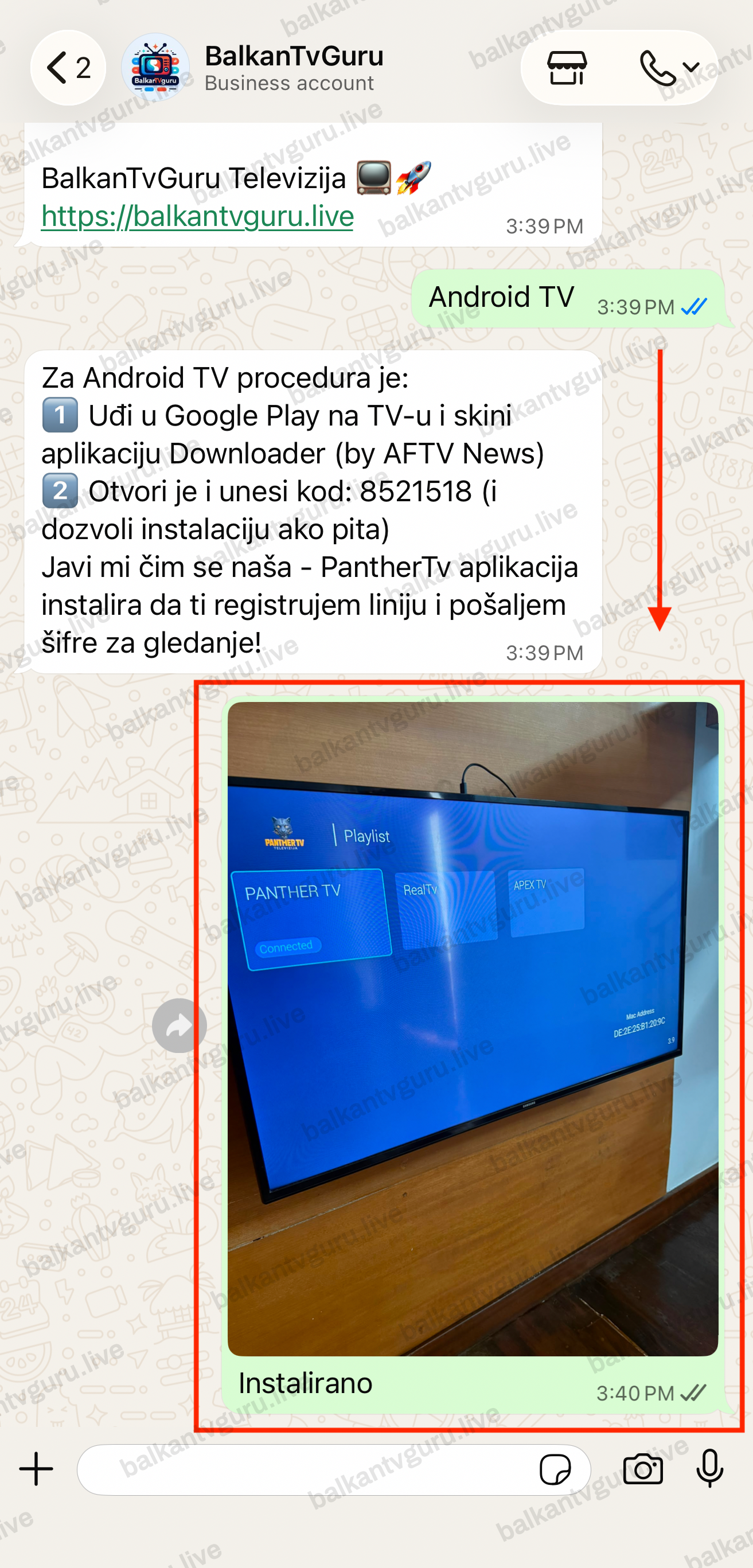 Prepiska na WhatsAppu u kojoj je javljeno da je aplikacija instalirana.