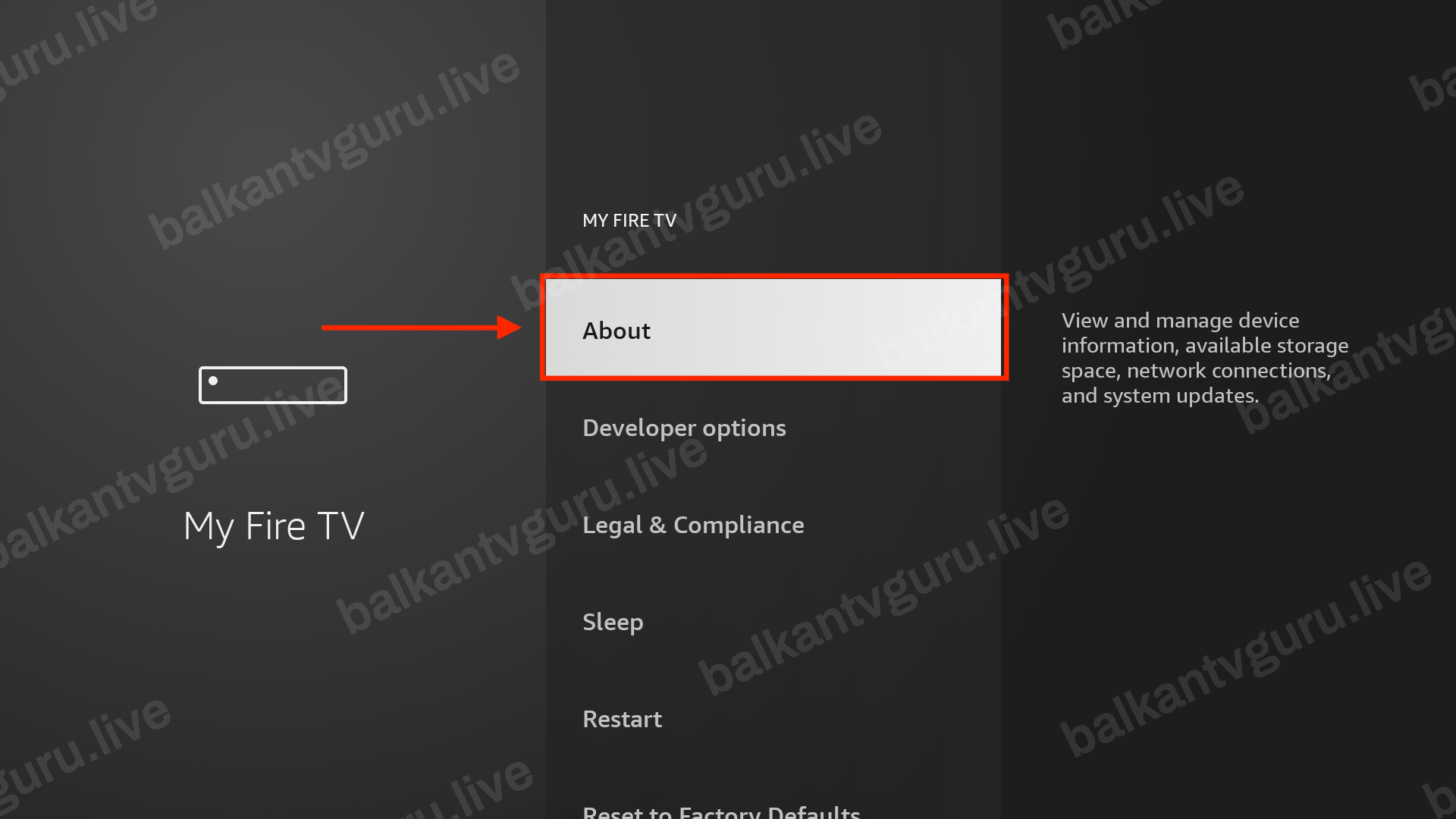 Meni My Fire TV sa označenom stavkom About.