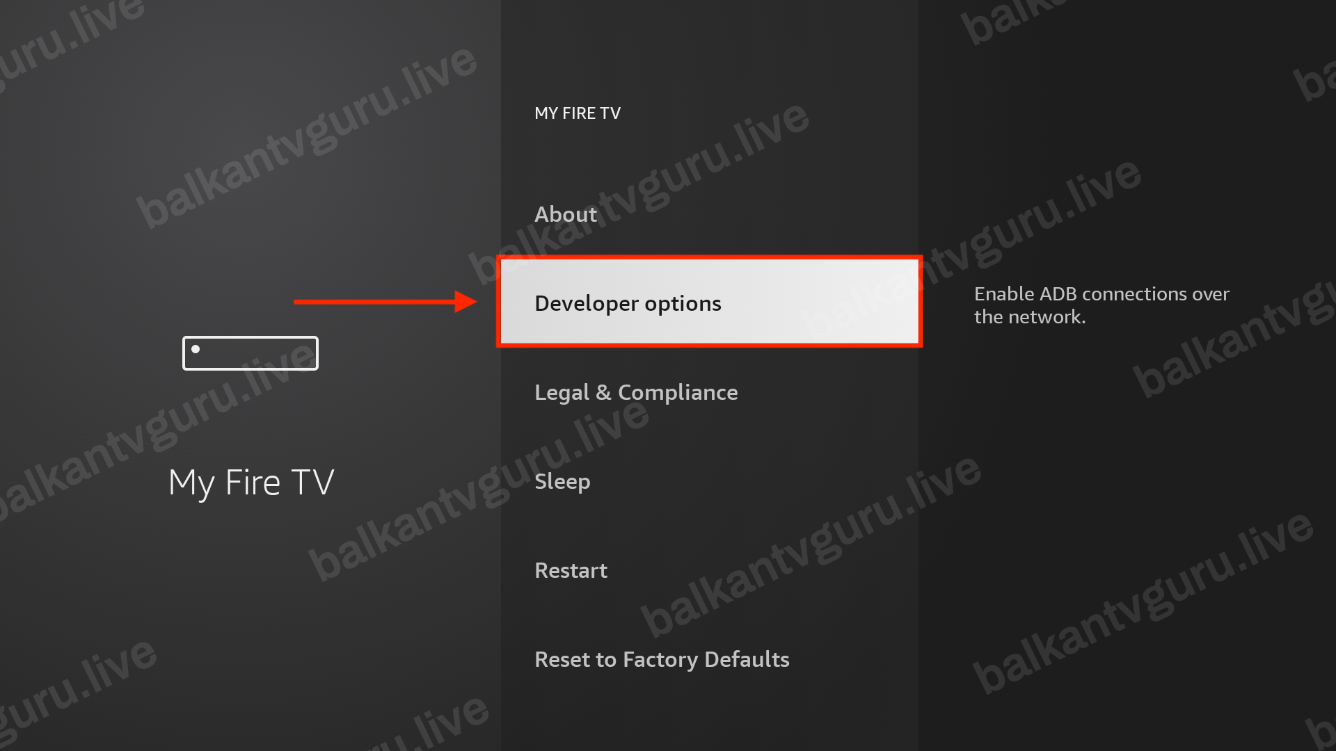 Meni My Fire TV sa označenom stavkom Developer options.