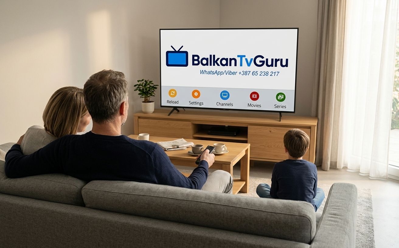 Porodica u dnevnoj sobi gleda BalkanTvGuru na velikom televizoru; na ekranu su dugmad za kanale, filmove i serije.