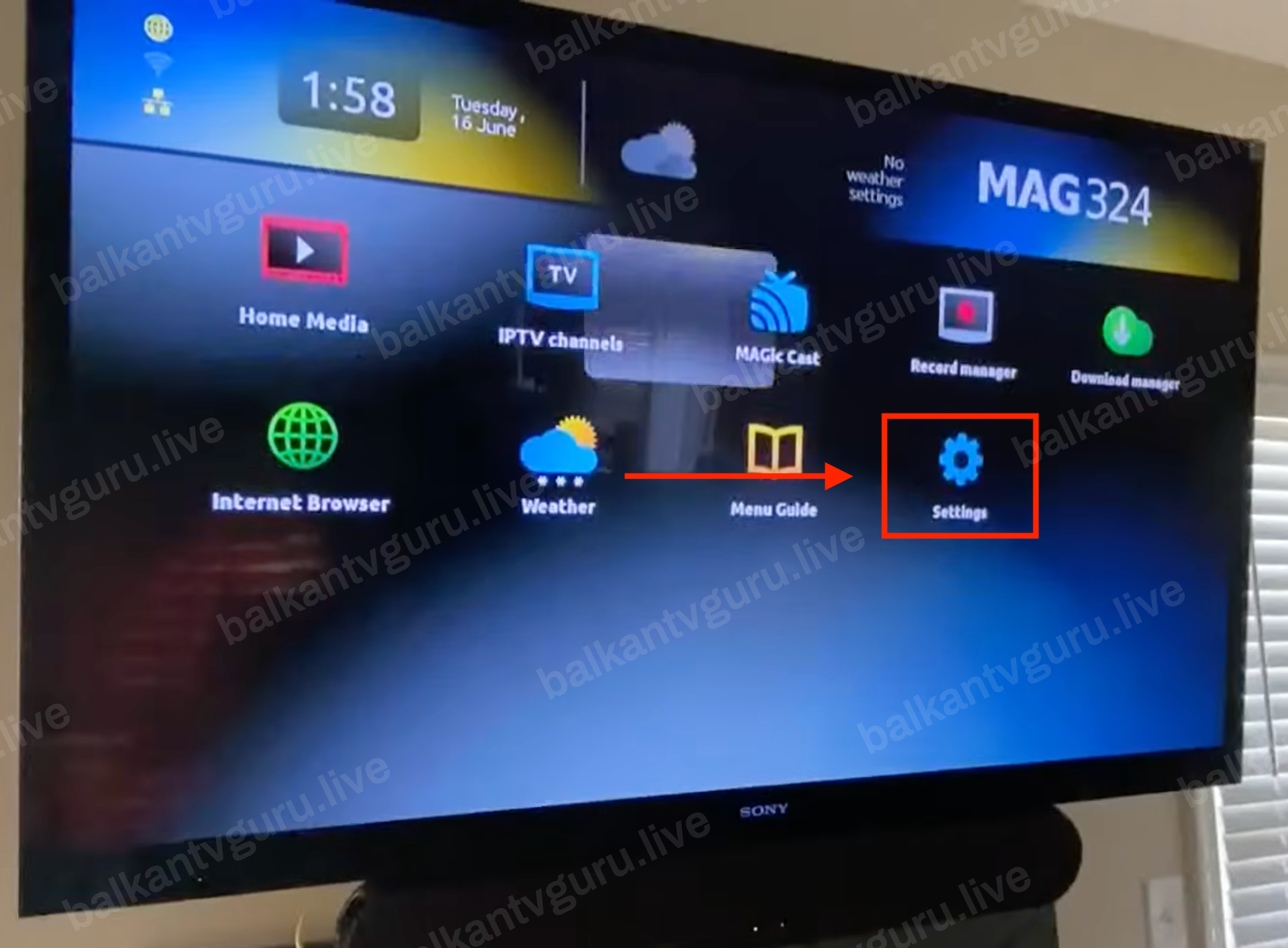 Početni meni MAG boxa sa označenom stavkom Settings.